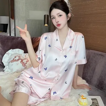 Романтичная синяя пижама с принтом бабочек для женщин Y2k Ins Sweet Harajuku Fashion Nightgown New Summer Casual Home Sleepwear M синий