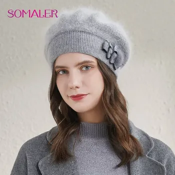 SOMALER ангорский шерстяной берет для женщин, зимние шапки с подкладкой, женские модные береты во французском стиле чёрный