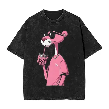 Мужская футболка Pink-Panthers Drinking Washed T Shirts Hippie Beach Tee Shirt Y2K Funny Design Casual Clothing S