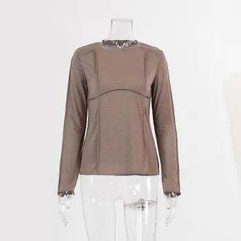 GMXIA Women s Round Neck T-shirt Spring New Fashion Temperament Casual Pressure Line Splicing Long-sleeved Bottoming T-shirt S чёрный