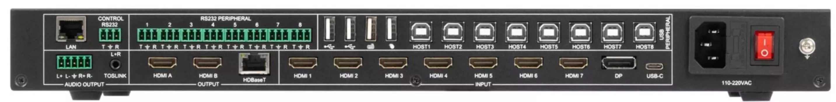 Коммутатор презентационный INTREND ITSFM-9x1HDCU 9x1, 7-HDMI, 1-DP, 1-Type C, USB KVM, бесподрывный, с поддержкой многооконного режима, выход HDBT