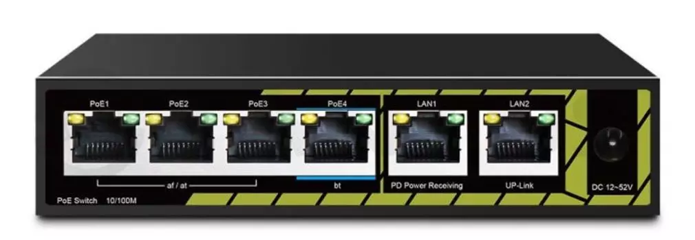 Коммутатор Tantos TSn-4FP6F2P с питанием по PoE In, 4 x 100 Мбит/с PoE порта (3 порта 802.3af/at, 1 порт 802.3af/at/bt) + 2 x 100 Мбит/с порта Uplink