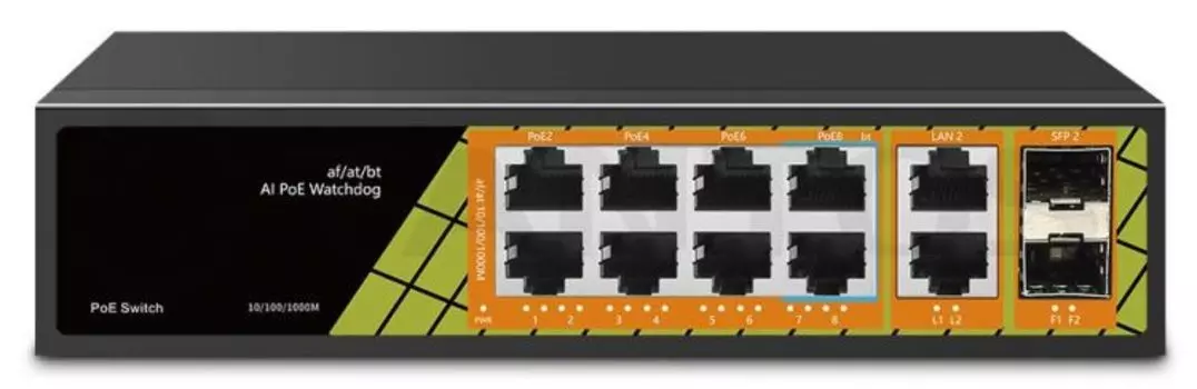 Коммутатор Tantos TSn-8FP12F2S2 8x1000Мбит/с PoE порта +2 порта 1000Мбит/с Uplink + 2 порта SFP