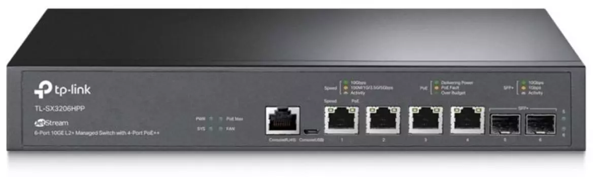 Коммутатор TP-LINK TL-SX3206HPP 4x100/1000/2500/5000/10000 Мбит/с PoE (Бюджет PoE 200 Вт), 2xSFP+ 10 Гбит/с, L2+