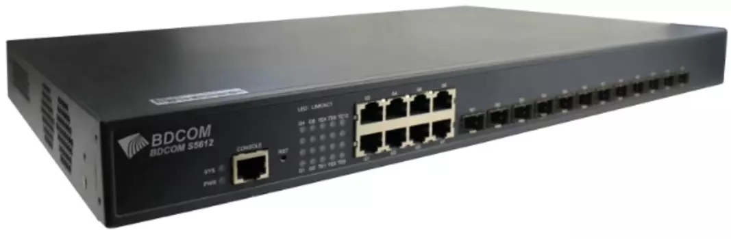 Коммутатор управляемый BDCom S5612 12*10GE/GE SFP+ ports, 8*GE TX ports; AC220V single power supply; the cooling fan, 1U, 19-inch rack-mounted install
