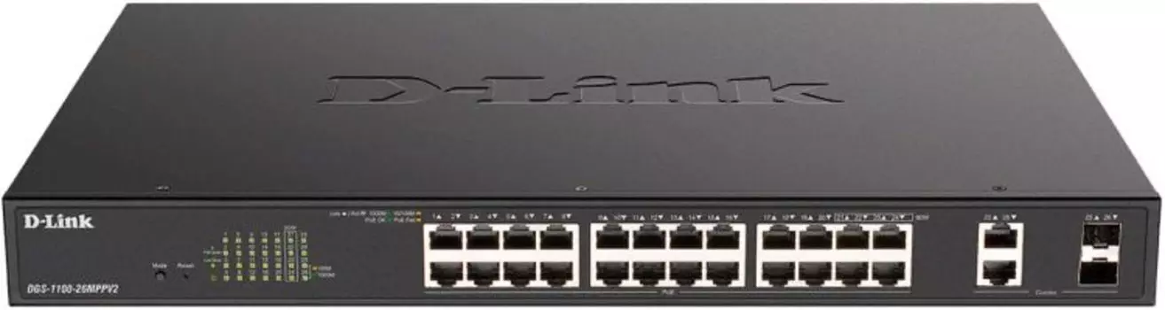 Коммутатор управляемый D-link DGS-1100-26MPPV2/A3A 24x10/100/1000Base-T PoE,2xCOMBO 1000Base-T/SFP (порты 1-24 PoE 802.3af/at, порты 21-24 PoE 802.3bt