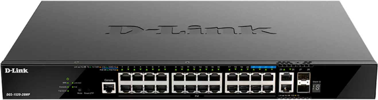 Коммутатор управляемый D-link DGS-1520-28MP/A1A 20x10/100/1000Base-T PoE, 4x100/1000/2.5GBase-T PoE, (PoE-бюджет 370 Вт; 740 Вт с DPS-700), 2x10GBase-
