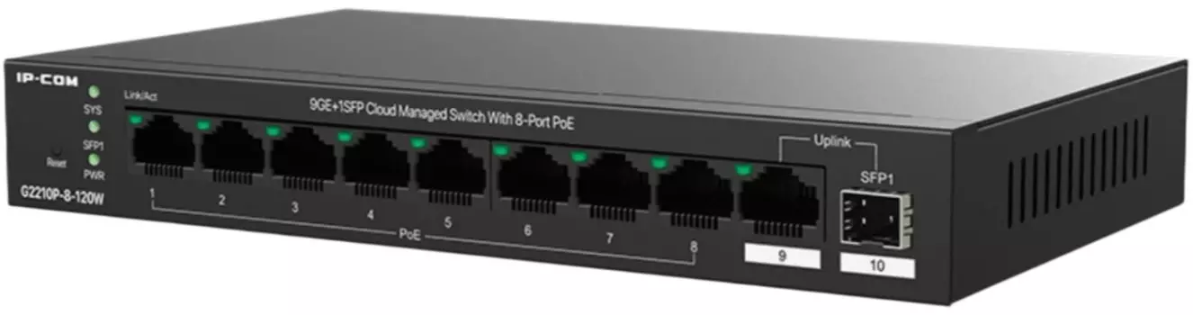 Коммутатор управляемый IP-Com G2210P-8-120W PoE, 10 портов, 9x1 Гбит/с, SFP 1x1 Гбит/с, PoE 8x30Вт (до 110 Вт)