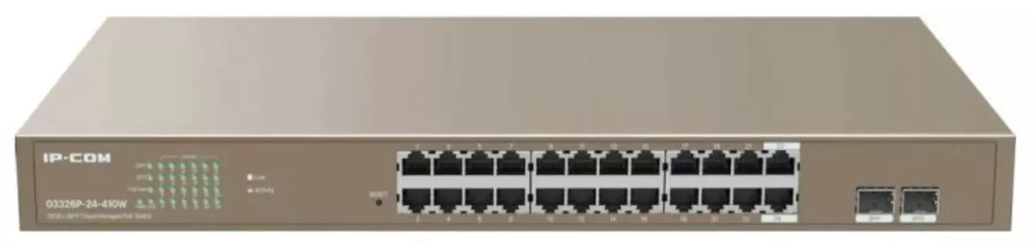Коммутатор управляемый IP-Com G3326P-24-410W PoE, 26 портов, 24x1 Гбит/с, SFP 2x1 Гбит/с, PoE 24x30Вт (до 370Вт)