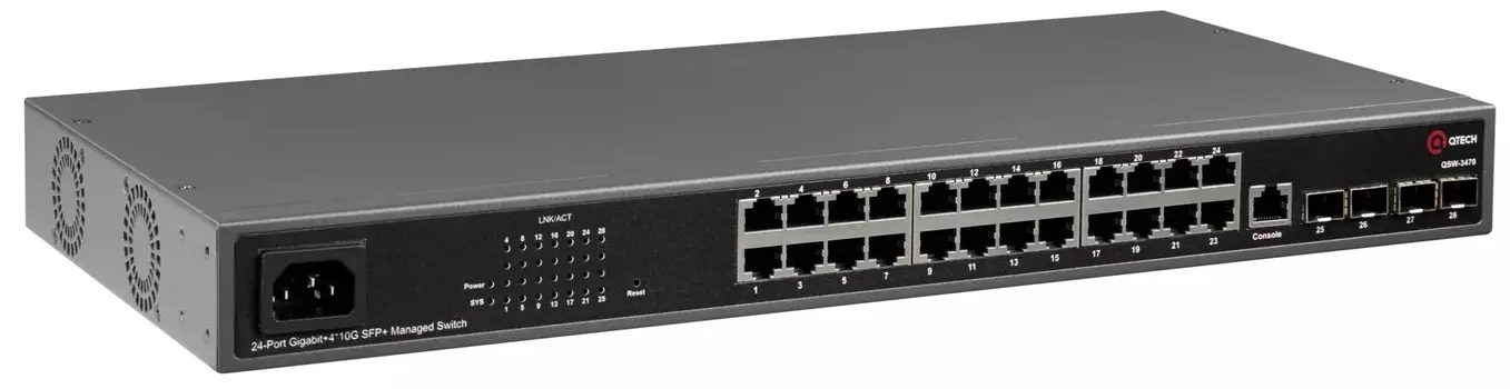 Коммутатор QTECH QSW-3470-28TX-AC уровня L2+, 24 порта 10/100/1000BASE-T, 4*10GbE SFP+, 4K VLAN, 16K MAC адресов, консольный порти, 220В АС