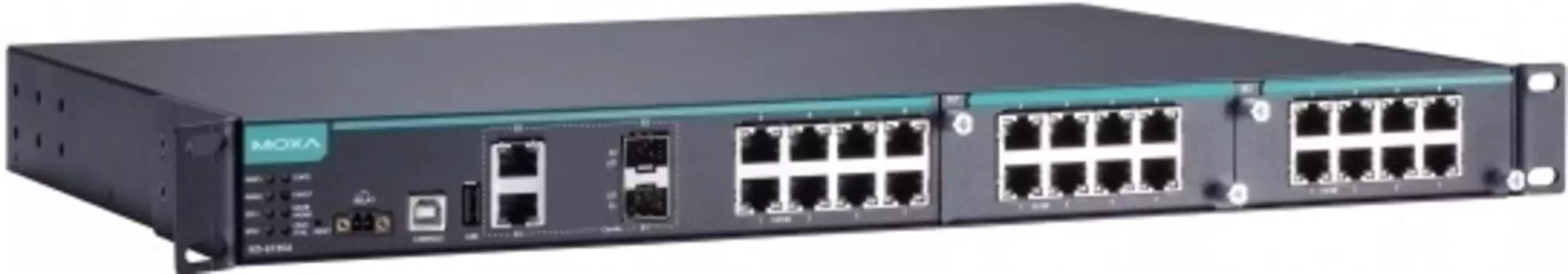Коммутатор управляемый MOXA IKS-6726A-2GTXSFP-24-24-T модульный Ethernet: 8 портов 10/100BaseT(X), 2 комбо-порта 10/100/1000BaseT(X) (RJ45 + SFP), 2 с