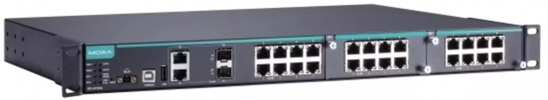 Коммутатор управляемый MOXA IKS-6726A-2GTXSFP-24-T модульный Ethernet: 8 портов 10/100BaseT(X), 2 комбо-порта 10/100/1000BaseT(X) (RJ45 + SFP), 2 слот