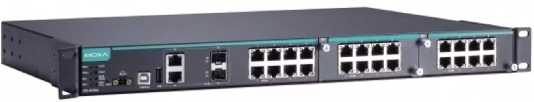 Коммутатор управляемый MOXA IKS-6726A-2GTXSFP-HV-HV-T модульный Ethernet: 8 портов 10/100BaseT(X), 2 комбо-порта 10/100/1000BaseT(X) (RJ45 + SFP), 2 с