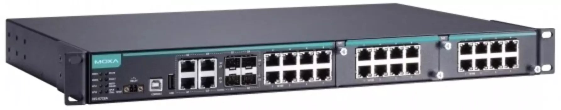 Коммутатор управляемый MOXA IKS-6728A-4GTXSFP-48-48-T модульный Ethernet: 8 портов 10/100BaseT(X), 4 комбо-порта 10/100/1000BaseT(X) (RJ45 + SFP), 2 с