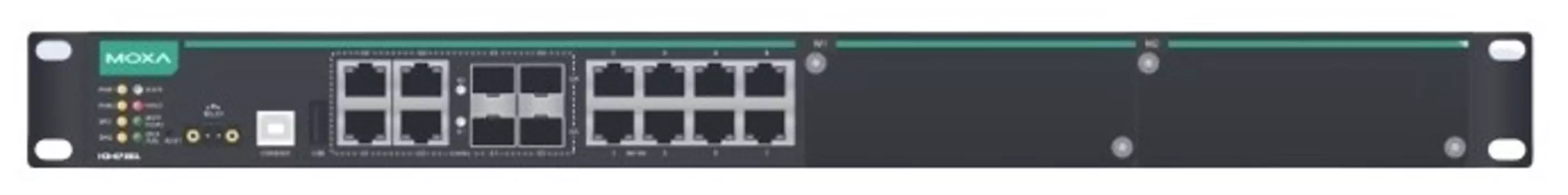 Коммутатор управляемый MOXA IKS-6728A-4GTXSFP-HV-HV-T модульный Ethernet: 8 портов 10/100BaseT(X), 4 комбо-порта 10/100/1000BaseT(X) (RJ45 + SFP), 2 с