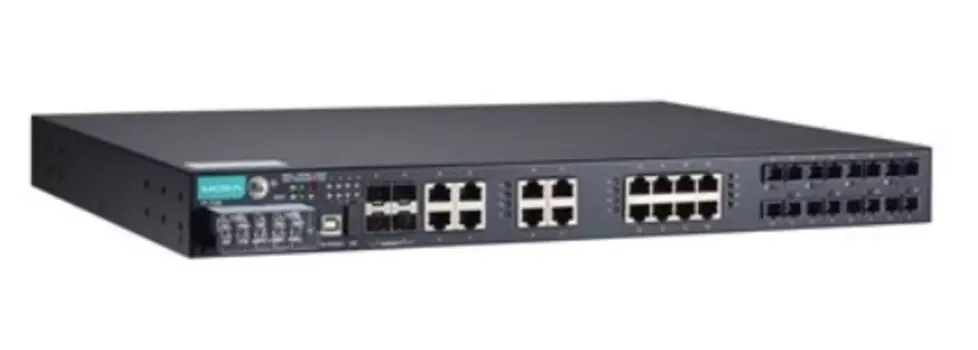 Коммутатор управляемый MOXA PT-7528-8SSC-16TX-4GSFP-WV-WV в 19" стойку, 8 портами 10/100BaseF(X) (одномодовые, SC), 16 портов 10/100/BaseT(X), 4 порта