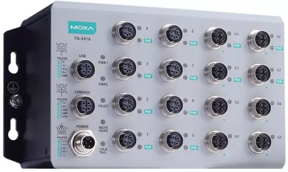 Коммутатор управляемый MOXA TN-4916-8PoE-4GPoE-4GTX-WV-CT-T 16 port router includes 8*GE with 4PoE, and 8*FE with 8PoE, 24 to 110 VDC power input, IP4