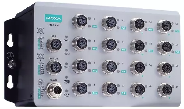 Коммутатор управляемый MOXA TN-4916-ETBN-F-8PoE-4GPoE-4GTXBP-WV-CT-T 16 port ETBN firewall router includes 8*GE with 4PoE, and 8*FE with 8PoE, 24 to 1