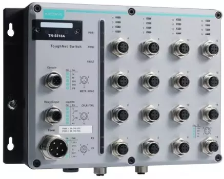 Коммутатор управляемый MOXA TN-5518A-2GTX-WV-T L2 16*10/100BaseT(X) и 2*10/100/1000BaseT(X) (разъемы M12), резервируемое питание 24-110В постоянного т