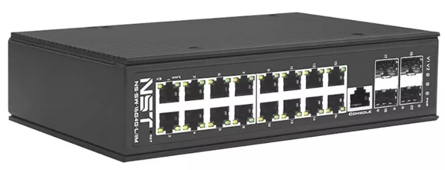 Коммутатор управляемый NST NS-SW-16G4G-PL/IM промышленный L2+ HiPoE Gigabit Ethernet на 16 GE RJ45 PoE + 4 GE SFP порта. Порты Ethernet: 16x10/100/100