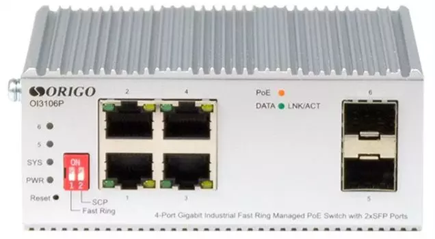 Коммутатор управляемый ORIGO OI3106P/60W/A1A L2 Fast Ring 4x1000Base-T PoE, 2x1000Base-X SFP, PoE Budget 60W, Surge 4KV, -40 to 75°C
