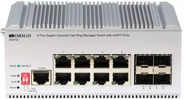 Коммутатор управляемый ORIGO OI3112/A1A L2 Fast Ring 8x1000Base-T, 4x1000Base-X SFP, Surge 4KV, -40 to 75°C