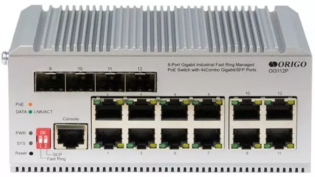 Коммутатор управляемый ORIGO OI3112P/185W/A1A L2 Fast Ring 8x1000Base-T PoE, 4xCombo 1000Base-T/SFP, PoE Budget 185W, Surge 4KV, -40 to 75°C