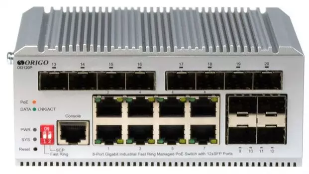 Коммутатор управляемый ORIGO OI3120P/185W/A1A L2 Industrial Fast Ring 8x1000Base-T PoE, 12x1000Base-X SFP, PoE Budget 185W, Surge 4KV, -40 to 75°C