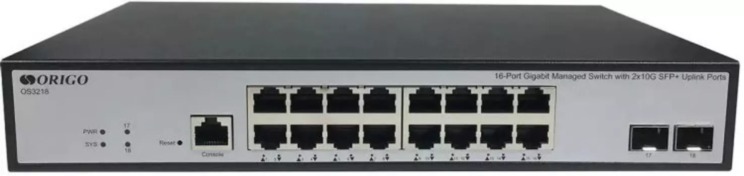 Коммутатор управляемый ORIGO OS3218/A1A L3 16x1000Base-T, 2x10GBase-X SFP+, консольный порт RJ-45, комплект для установки в 19" стойку