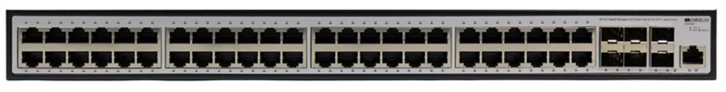 Коммутатор управляемый ORIGO OS3254P/370W/A1A L3 PoE, 48x1000Base-T PoE, 6x10GBase-X SFP+, PoE-бюджет 370 Вт, консольный порт RJ-45, комплект для уста