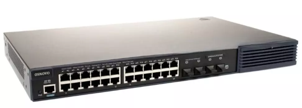 Коммутатор управляемый OSNOVO SW-8244/LST(370W) L2+ стекируемый PoE Gigabit Ethernet на 24 RJ45 PoE+4xSFP uplink порта. Порты: 4xGE (10/100/1000Base-T