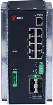 Коммутатор управляемый QTECH QSW-3310-12T-I-POE-DC индустриальный, L2+ с поддержкой PoE 802.3af/at, 8*10/100/1000BASE-T, 4*1000 BASE-X SFP, 4К VLAN, 1
