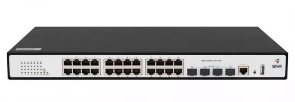 Коммутатор управляемый SNR SNR-S2989G-24TX-POE PoE уровня 2, 24*10/100/1000Base-T с поддержкой PoE, 4*1/10G SFP+, PoE 370 Ватт