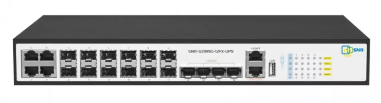 Коммутатор управляемый SNR SNR-S2995G-12FX-UPS уровня 3, 8 портов 100/1000BaseX SFP, 4 Combo порта GE, 4 порта 1/10G SFP+, функция заряда АКБ 12В