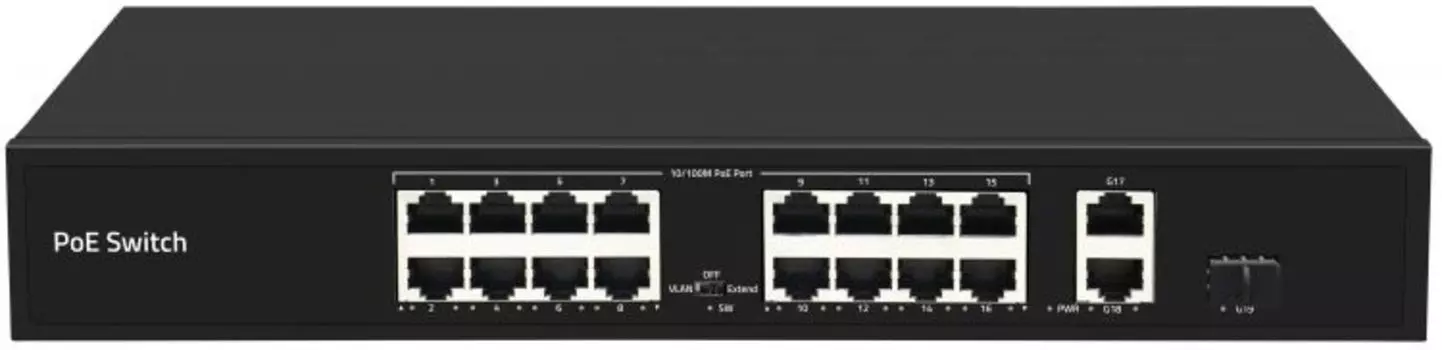 Коммутатор Smartec ST-NS016MB-GDF неадминистрируемый, 16 RJ-45 POE портов (10/100 Мбит/с), 2 RJ-45 Uplink порта (1000 Мбит/с), 1 SFP Uplink порт (1000