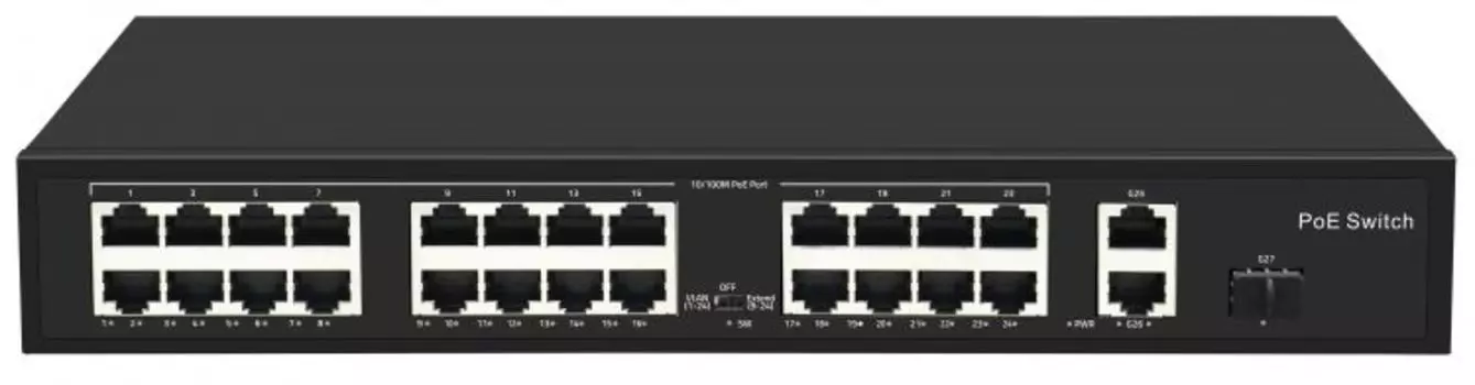 Коммутатор Smartec ST-NS024MB-GDF неадминистрируемый, 24 RJ-45 POE порта (10/100 Мбит/с), 2 RJ-45 Uplink порта (1000 Мбит/с), 1 SFP Uplink порт (1000