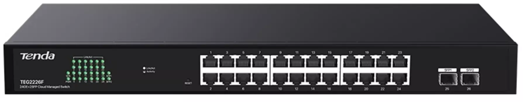 Коммутатор управляемый Tenda TEG2226F 24x1 Гбит/с, SFP 2x1 Гбит/с, установка в стойку, металлический корпус