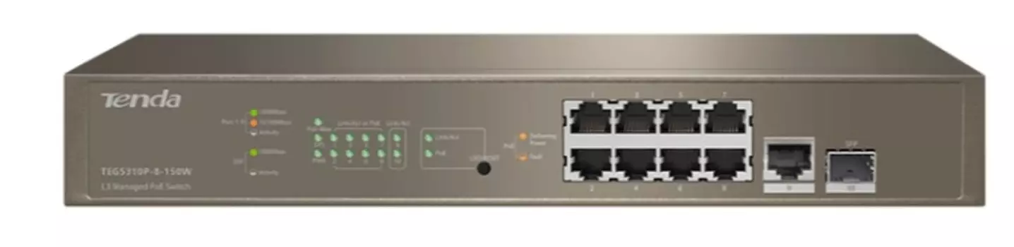 Коммутатор управляемый Tenda TEG5310P-8-150W PoE гигабитный L3, 8PoE портов, 1 Uplink, 1 SFP