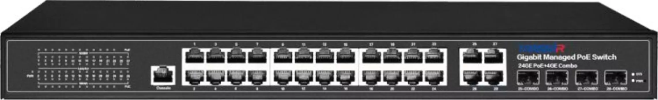 Коммутатор управляемый TRASSIR TR-NS24284C-400-24PoE с 24 PoE портами (10/100/1000Base-TX PoE port) и 4 COMBO портами