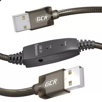 Кабель интерфейсный USB 2.0 Greenconnect GCR-53789 активный 15.0m, AM/AM, черно-прозрачный, с усилителем сигнала, разъём для доп.питания, 24/22 AWG