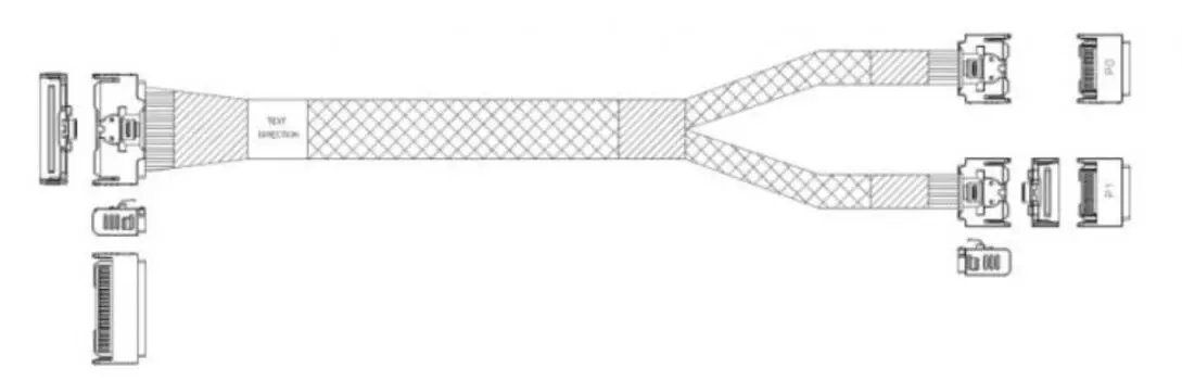 Кабель JPC P732VGB10800-1 MCIO x8 74P (прямой Straight Type) -TO- 2*MCIO x4 38P (прямой Straight Type) , 85 Ohm, L:80cm (CMC2MC)