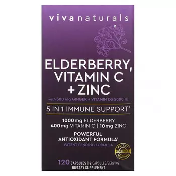 Viva Naturals, Elderberry, витамин C и цинк, поддержка иммунитета 5 в 1, 120 капсул