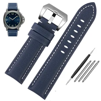 Классический ремешок для часов 24 мм, подходит для Panerai Luminor PAM01661, черный, синий, нейлоновая ткань, ремешок из натуральной кожи с пряжкой 24mm