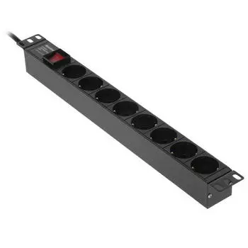 Блок розеток (PDU) Hyperline, 1U, кол-во розеток:8 (8xЕвро), 16А, черный, кабель питания 2.5 м (SHE19-8SH-S-2.5EU)