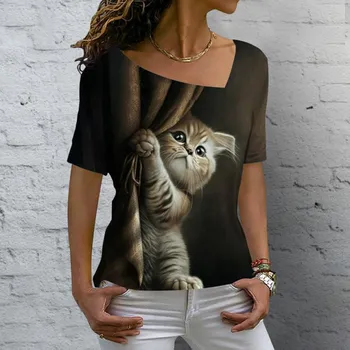 Женская футболка Kawaii Cat Print 3D футболка Топ для девочек Y2k Одежда Летние футболки с короткими рукавами с v-образным вырезом Повседневная праздничная женская футболка 5XL