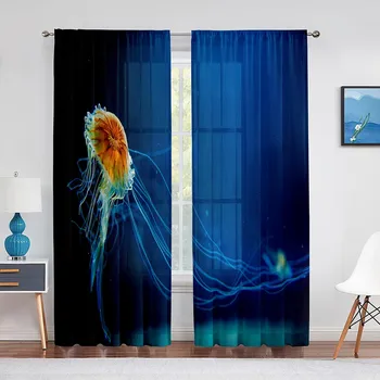 Jellyfish In The Deep Ocean Window Tulle Curtains Foamy Dreamy Blue Ocean Sheer Voile Curtain for Living Room Bedroom Decoration 1 PCS W100XH250cm&Rod Pocket