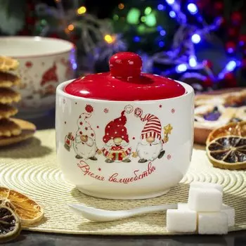 Сахарница 500 мл, доломит, 11.2х11.2х11 см, с ложкой, Daniks, Время волшебства
