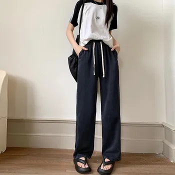 Slim Waist Casual Pants Elastic Waist Tencel Wide Leg Pants M синий