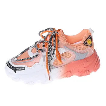 Fashion New Chunky Sneakers Woman Breathable Running Shoes Fashion Rainbow Sports Shoes Mesh Platform Sneakers Ladies Casual Flat Shoes 1 розовый