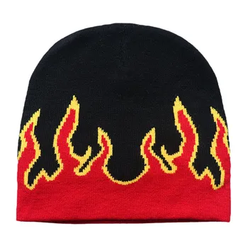 Шапки Y2K Flame Beanie Вязаная шапка-бини Fire Flame Beanie Шапка с напуском и графическим рисунком Skullies Шапка-бини Flame Skull Cap красный
